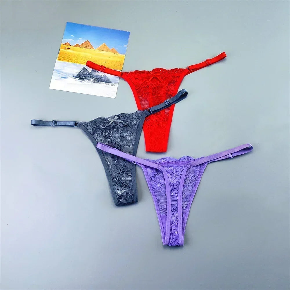 3PCS Einstellbare Sexy Transparent Tanga Höschen Frauen Spitze Unterwäsche Niedrige Taille Weibliche T-zurück String Unterhose
